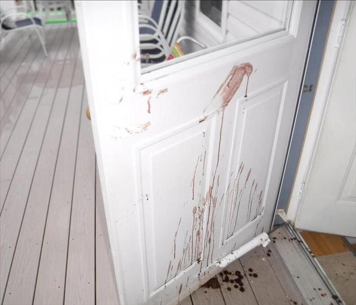 Bio-hazard on porch door before SERVPRO of Toms River decontaminated it thoroughly