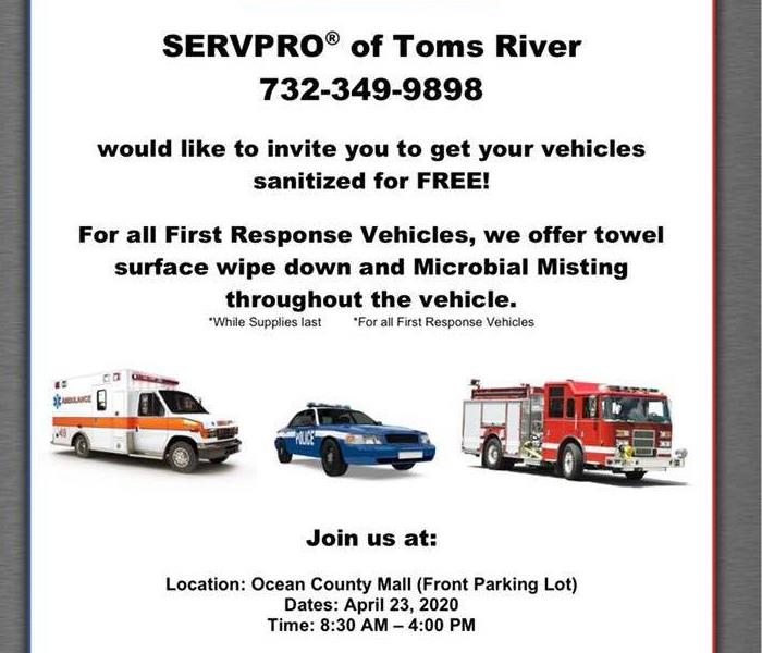 A flyer from SERVPRO of Toms River for First Responders Vehicles offering free disinfecting 
