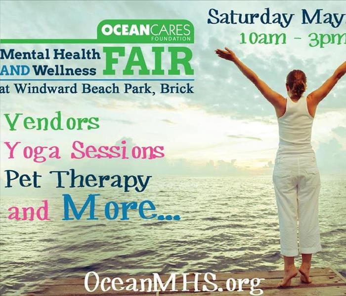 OceanCares Mental Health & Wellness Fair Flyer shows women in a Yoga pose that says fair will have pet therapy/yoga sessions 