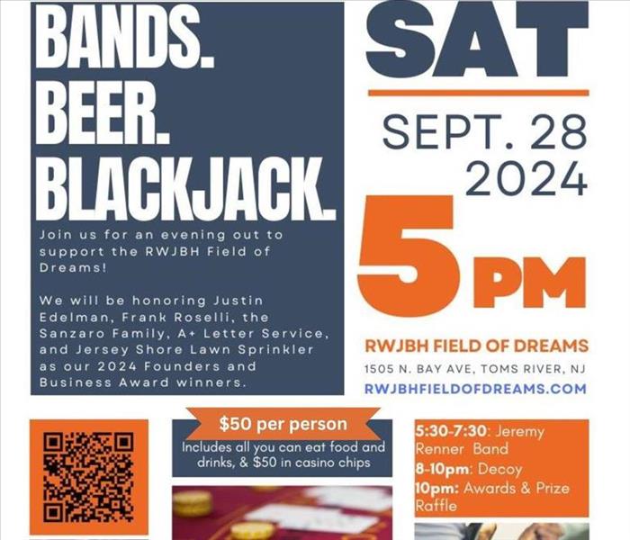 SERVPRO of Toms River sponsorship flyer for Field of Dreams Bands. Beer. Blackjack. 2024 Flyer