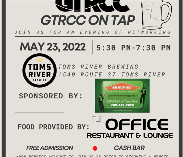 Flyer for the Greater Toms River Chamber of Commerce on Tap sponsored by SERVPRO of Toms River at Toms River Brewing 